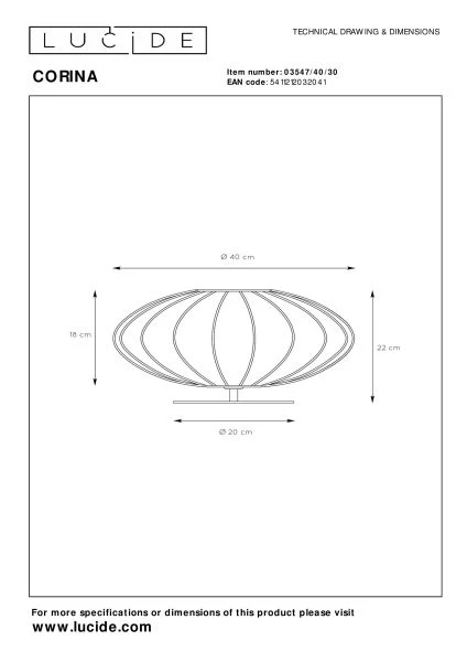 Lucide CORINA - Lampe de table - Ø 40 cm - 1xE27 - Noir - technique